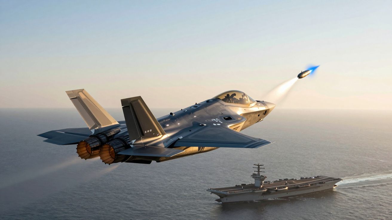 Caça F-35 a lançar míssil em voo sobre o mar com porta-aviões ao fundo durante pôr do sol.