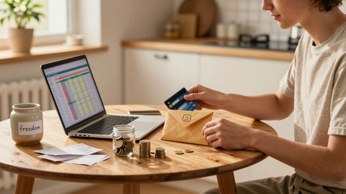 Pessoa sentada à mesa com portátil, moedas, envelope castanho e cartões bancários, a planear finanças pessoais.