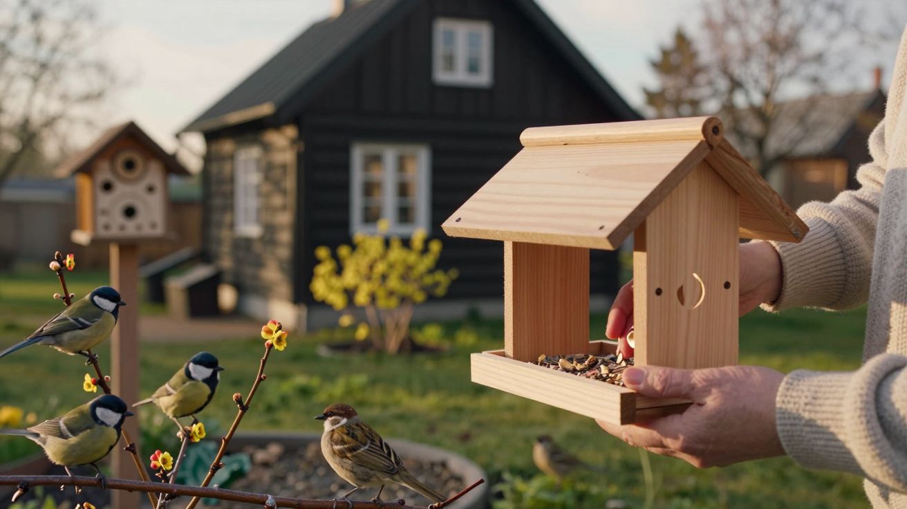 Pessoa a alimentar pombos e pardais com comedouro de madeira no jardim de casa rural.