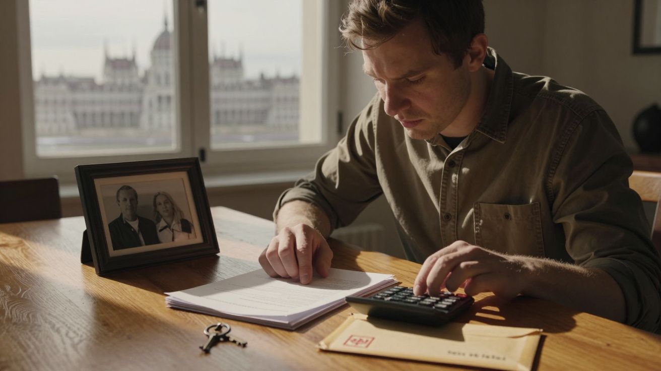 Homem a calcular despesas com documentos e envelope numa mesa com moldura fotográfica ao fundo.