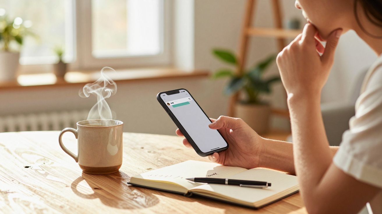 Pessoa a usar um smartphone sentada à mesa com uma chávena fumegante e um caderno aberto com uma caneta.