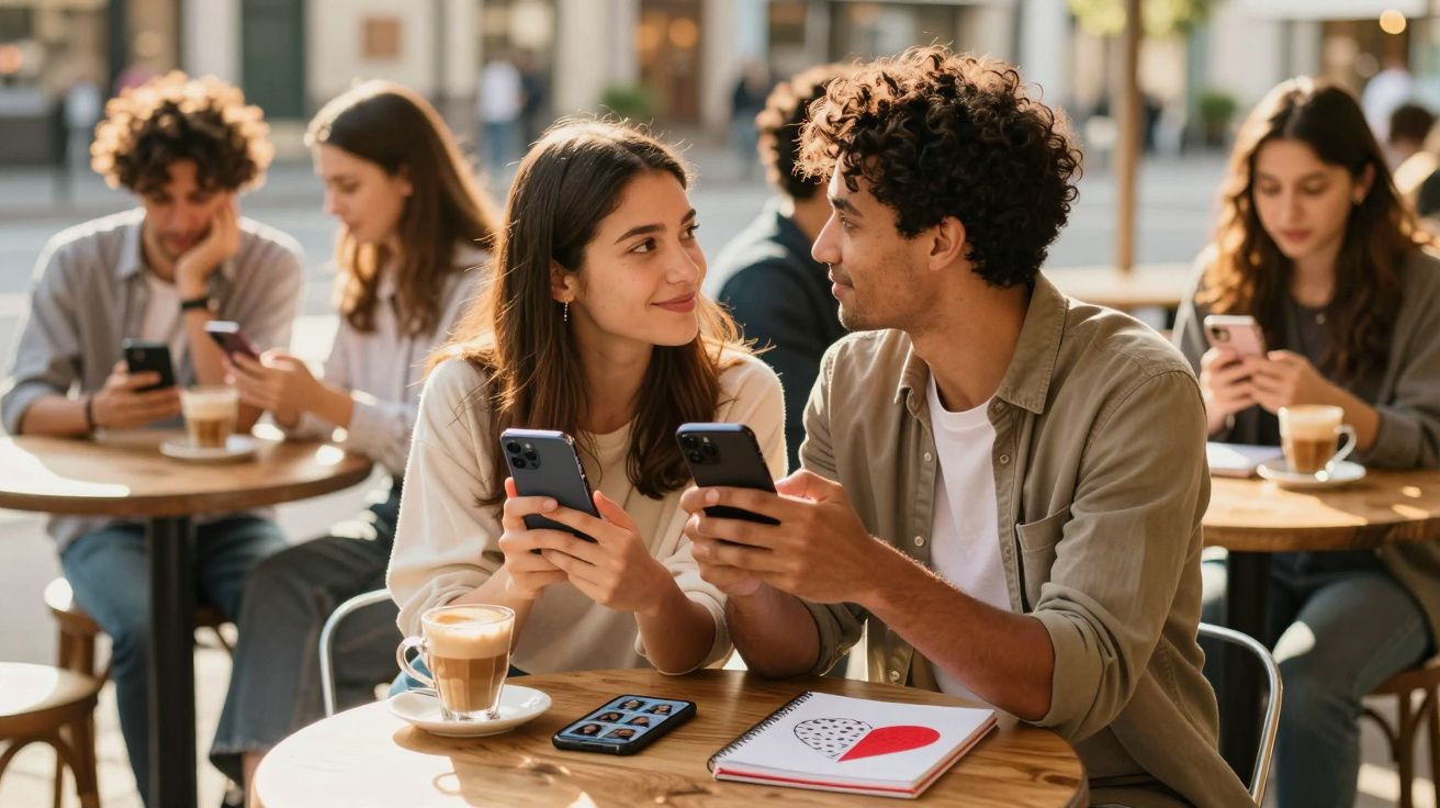 Grupo de amigos numa esplanada a conversar e usar telemóveis, com cafés nas mesas.
