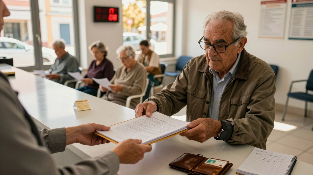 Homem idoso entrega documentos no balcão de atendimento com outras pessoas à espera sentadas ao fundo.