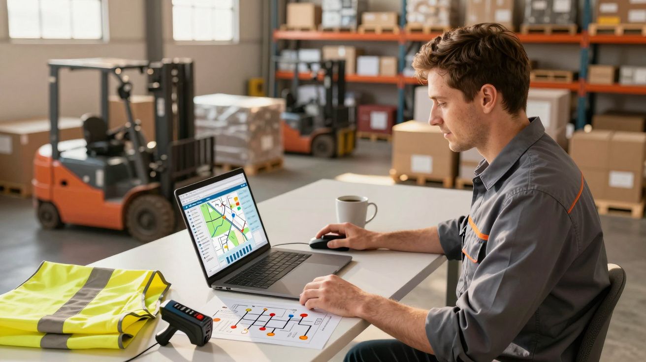 Homem a trabalhar num portátil num armazém, com mapa no ecrã e equipamento logístico na mesa.