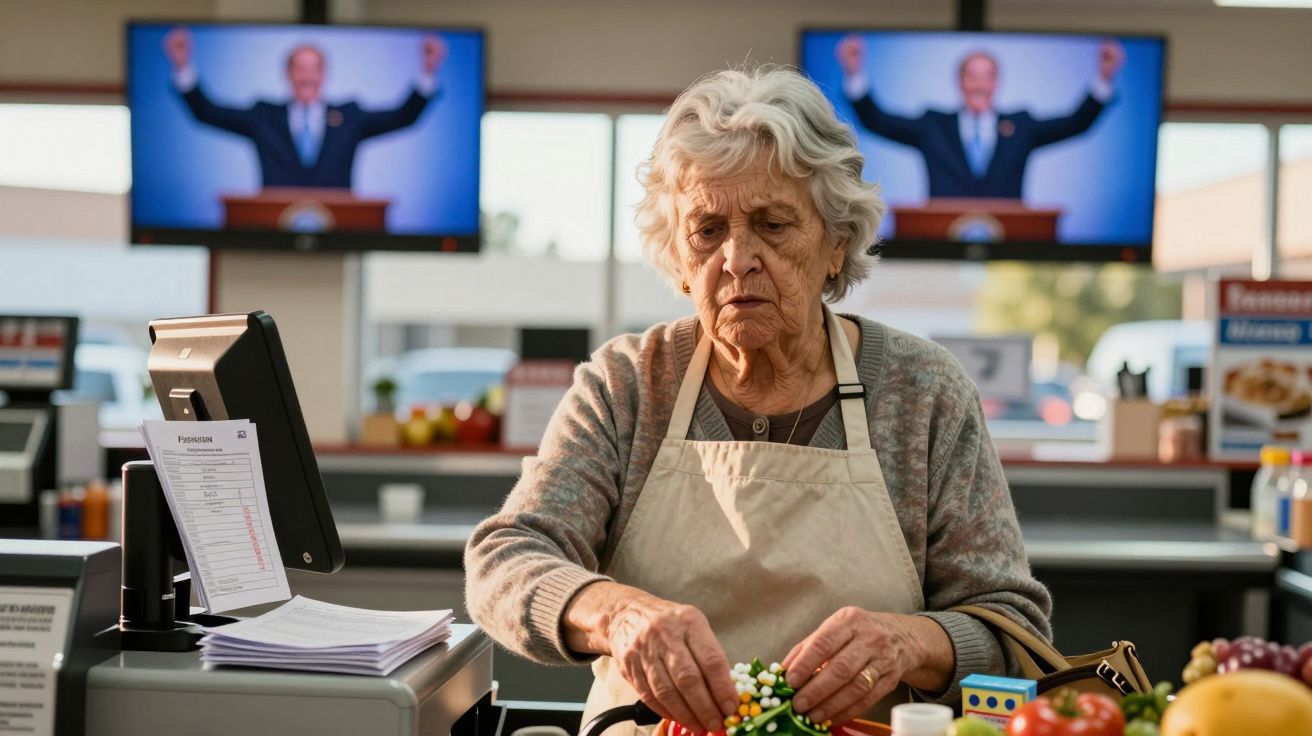Mulher idosa com avental a organizar legumes numa caixa de supermercado na caixa registadora.