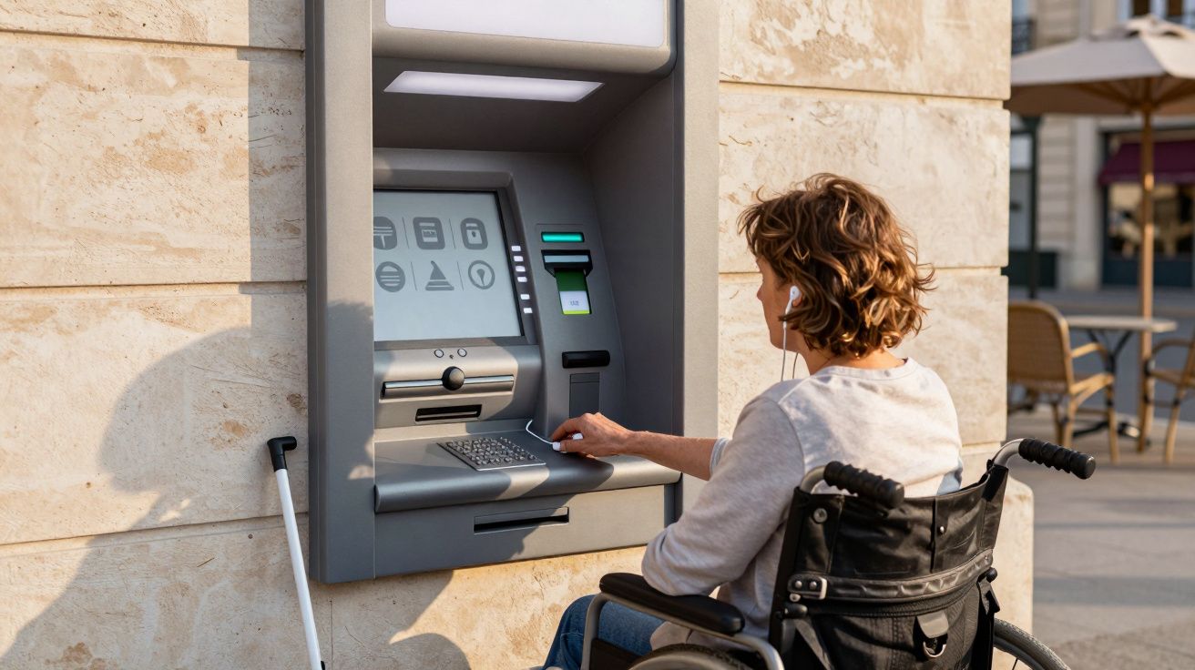 Pessoa em cadeira de rodas usa multibanco acessível junto a parede de pedra numa rua com esplanada.