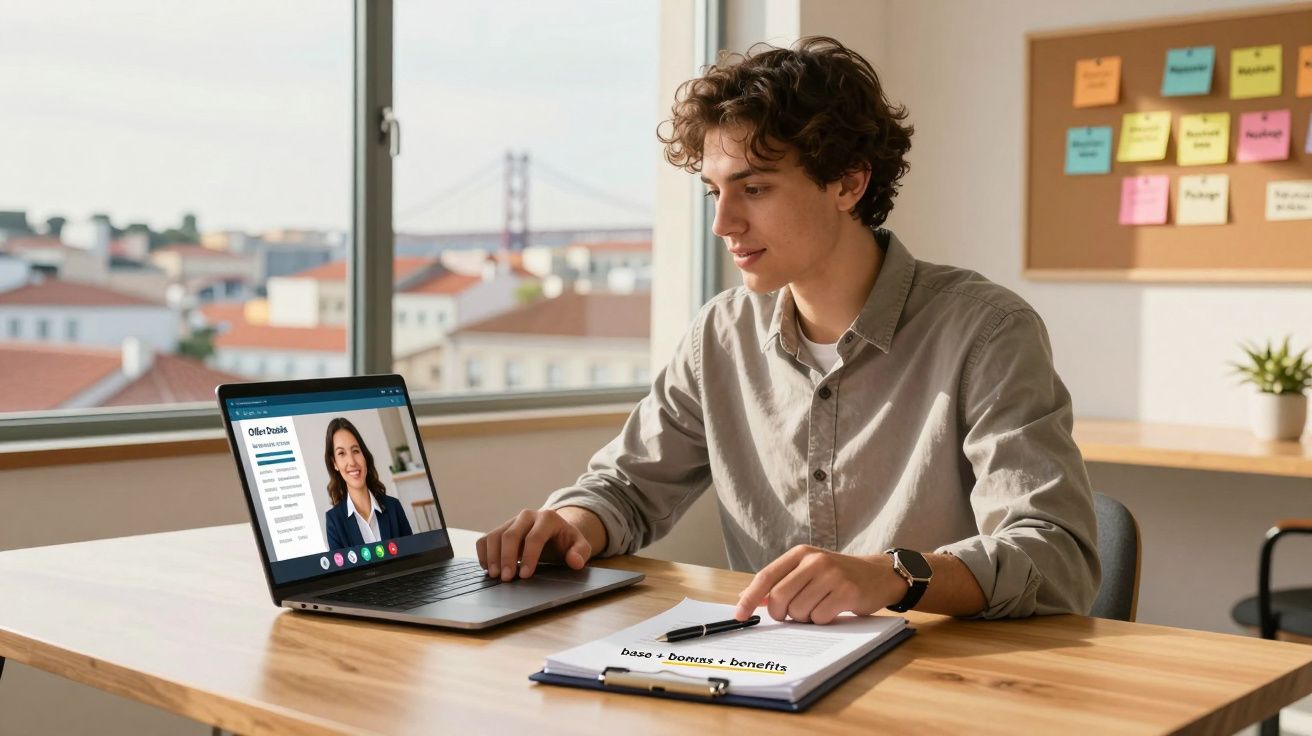 Jovem a fazer videoconferência num escritório moderno com janelas amplas e notas coloridas na parede.