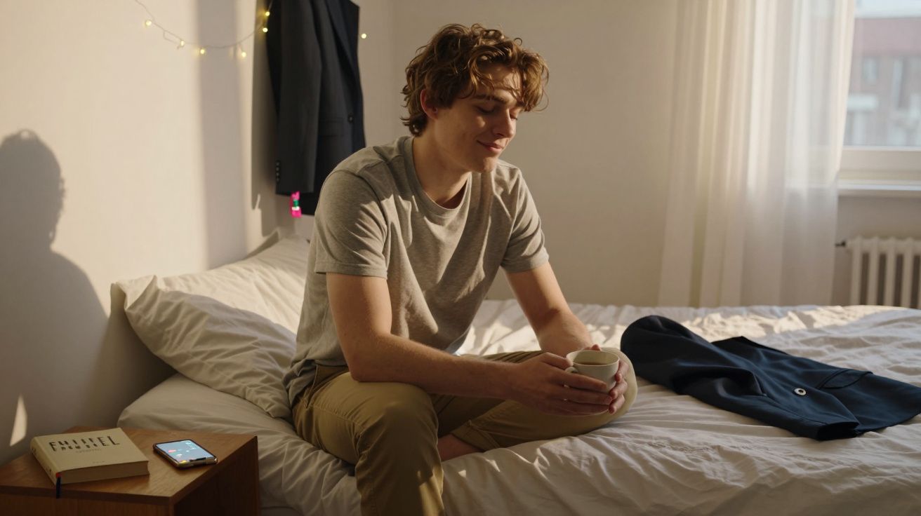 Homem jovem sentado na cama de quarto iluminado a beber de uma chávena, com casaco azul ao lado.