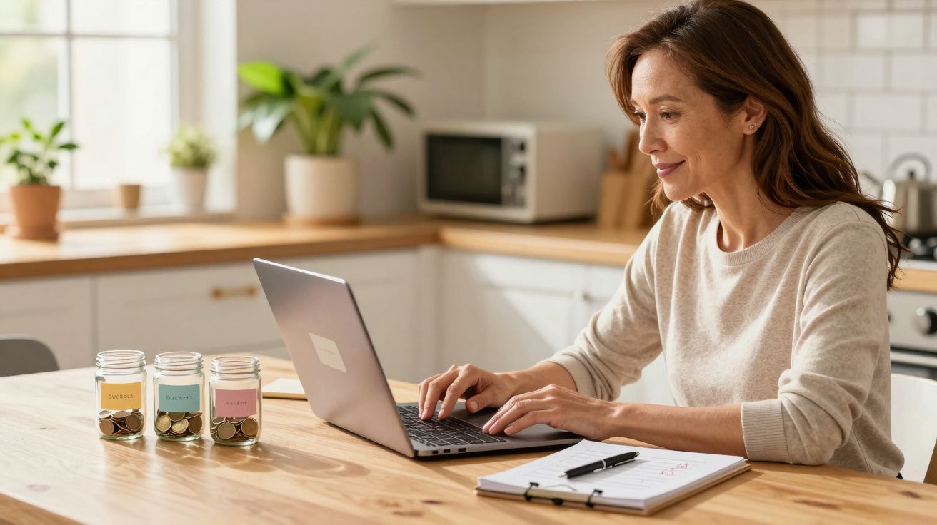 Mulher sentada numa cozinha a usar portátil, com frascos de moedas e bloco de notas à sua frente.