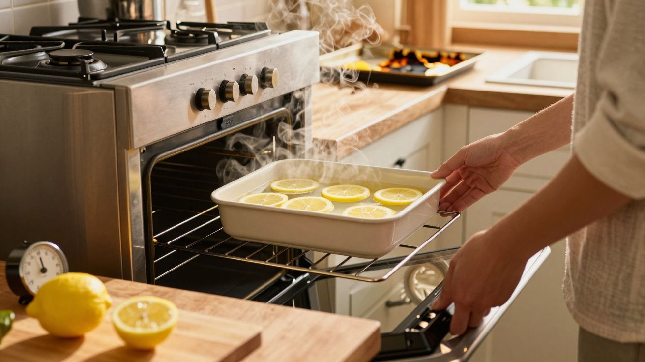 Pessoa a colocar tabuleiro com limões fatiados num forno aberto numa cozinha iluminada natural.