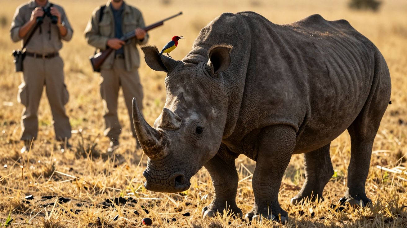 Rinoceronte cinzento com pássaro colorido na cabeça e dois homens de pé com binóculos e arma ao fundo.