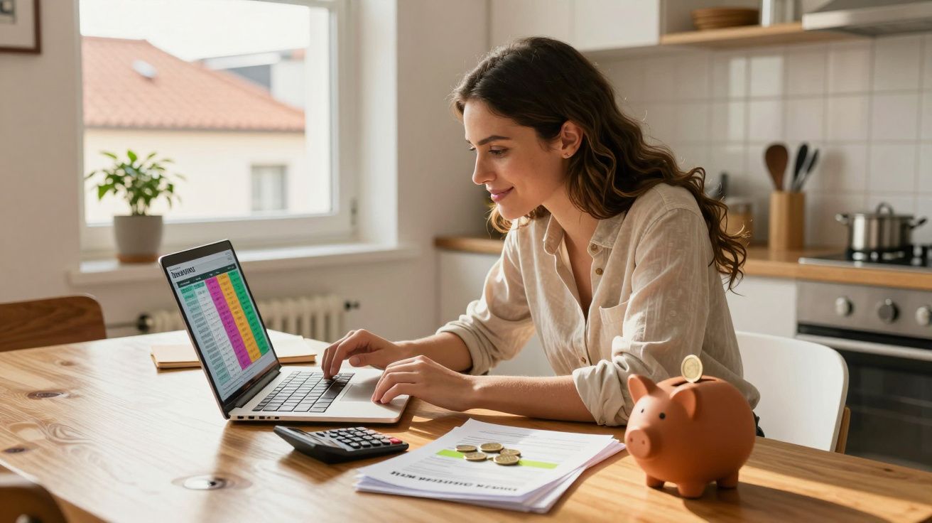 Mulher jovem a trabalhar no portátil com calculadora e mealheiro numa cozinha iluminada.
