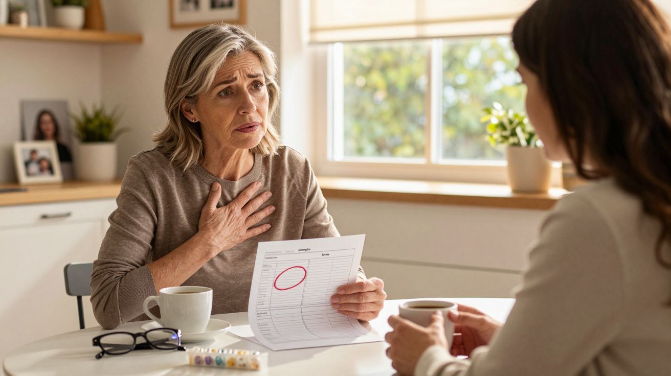 Mulher idosa preocupada a mostrar receita médica assinalada, conversando com outra pessoa num ambiente doméstico.