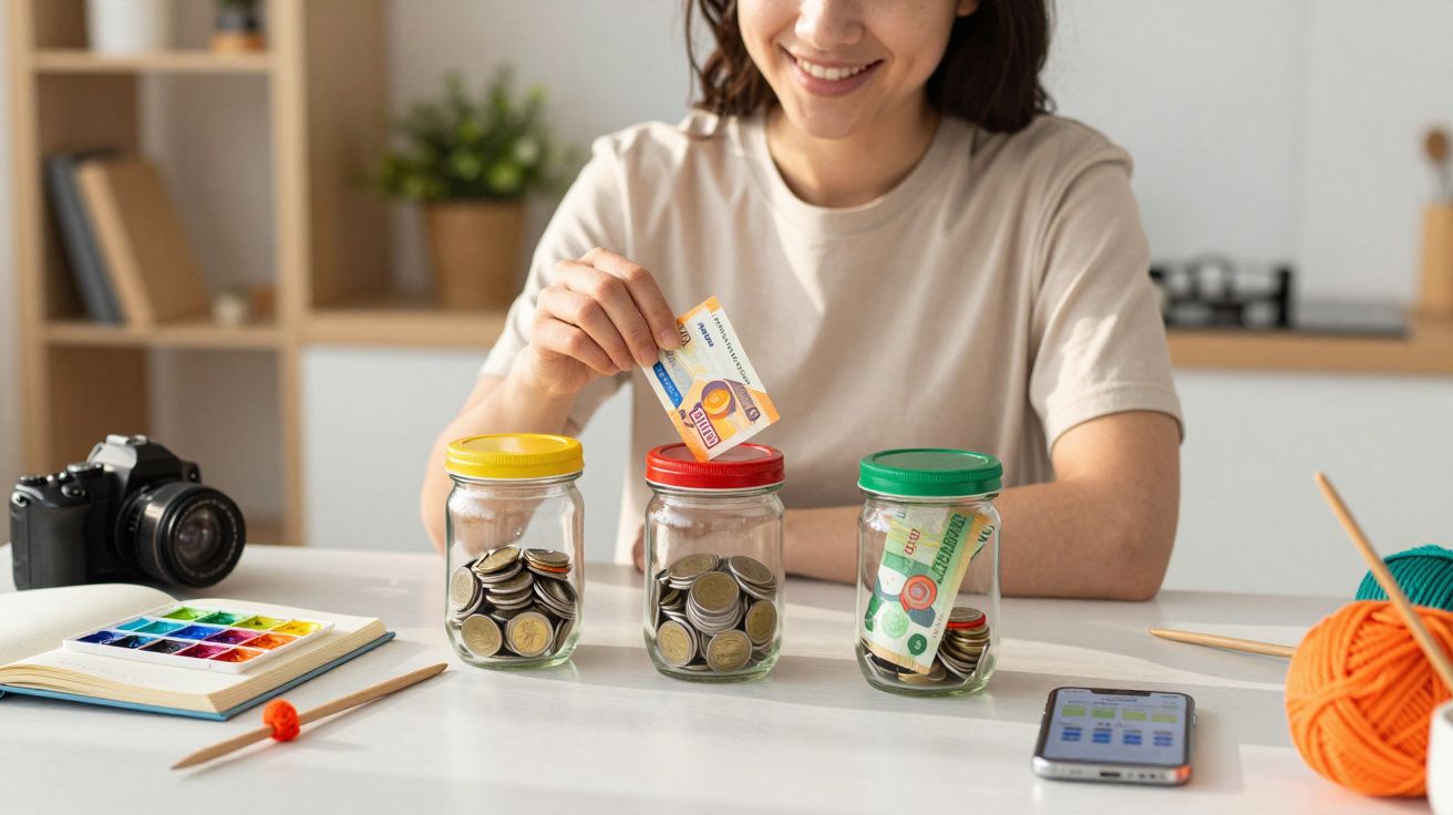 Pessoa a guardar dinheiro em frascos coloridos numa mesa com smartphone, câmera e material de pintura.