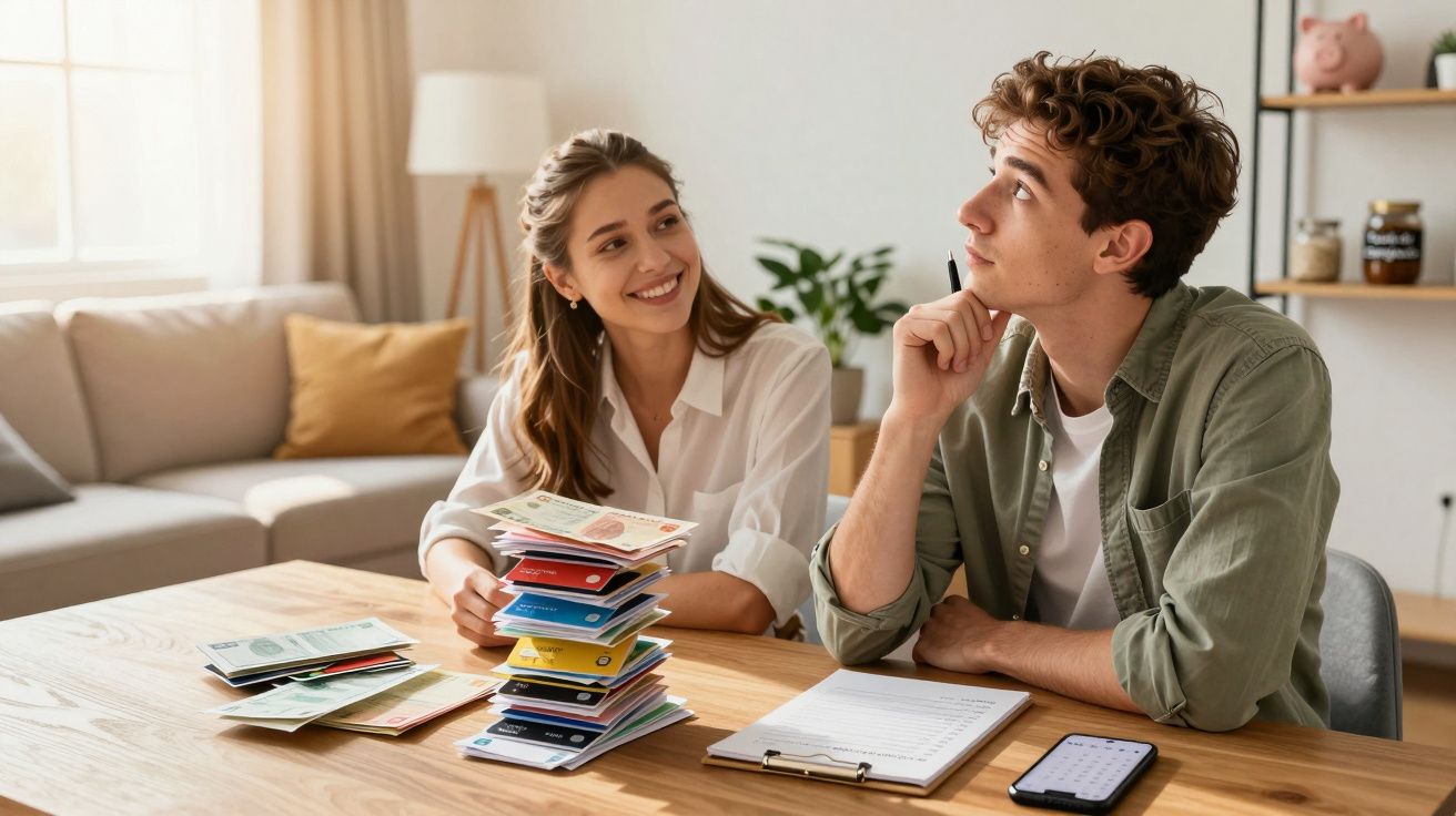Casal jovem a planear orçamento familiar com cartões, dinheiro, clipboard e smartphone numa sala luminosa.