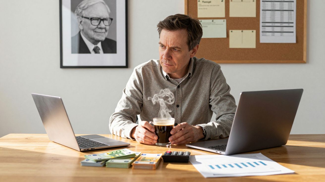 Homem sentado a uma secretária com dois computadores, bebida quente e notas, concentração no rosto.