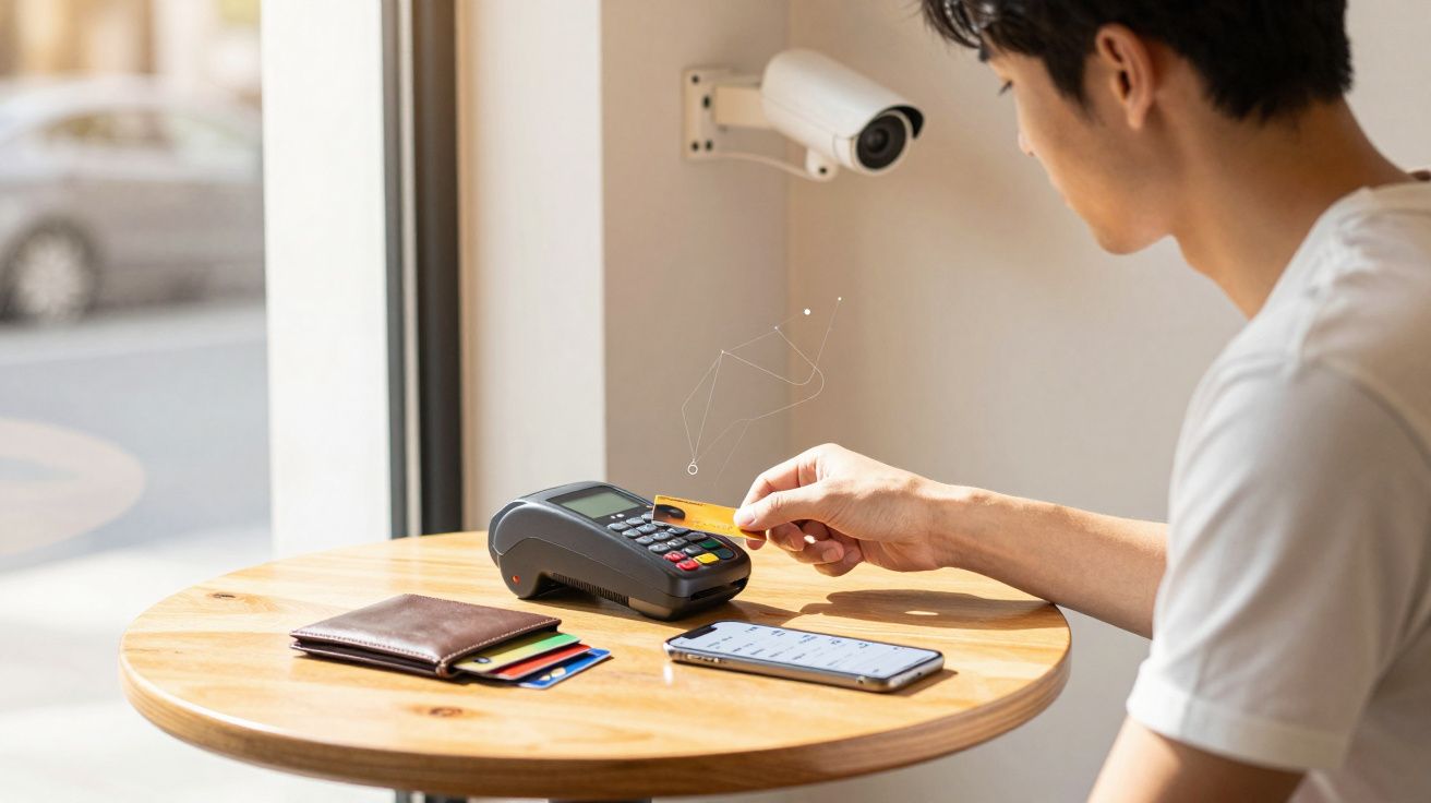 Pessoa a efetuar pagamento contactless com cartão numa máquina de pagamento numa mesa redonda de madeira