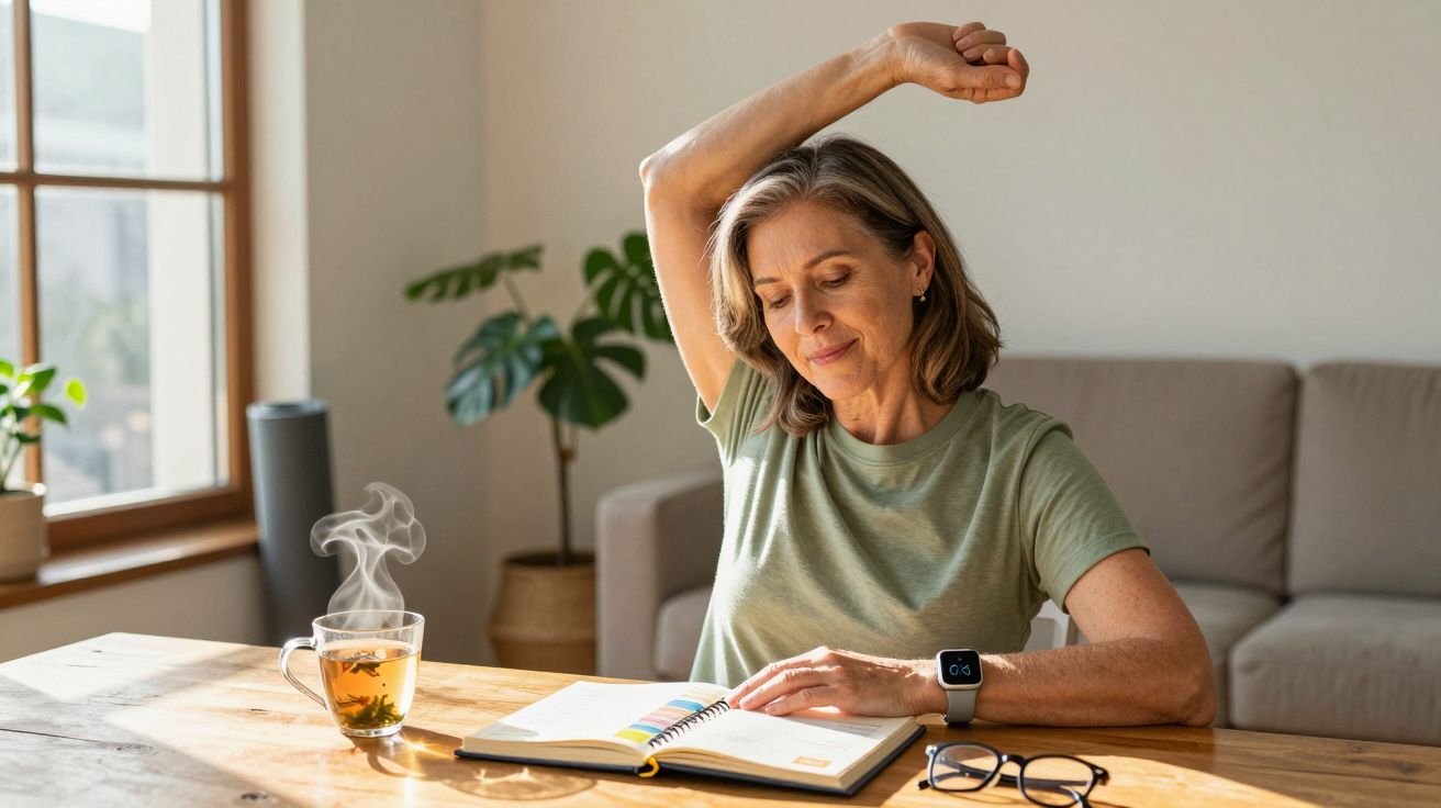 Mulher madura a esticar o braço enquanto lê um caderno numa mesa com chá quente ao lado.