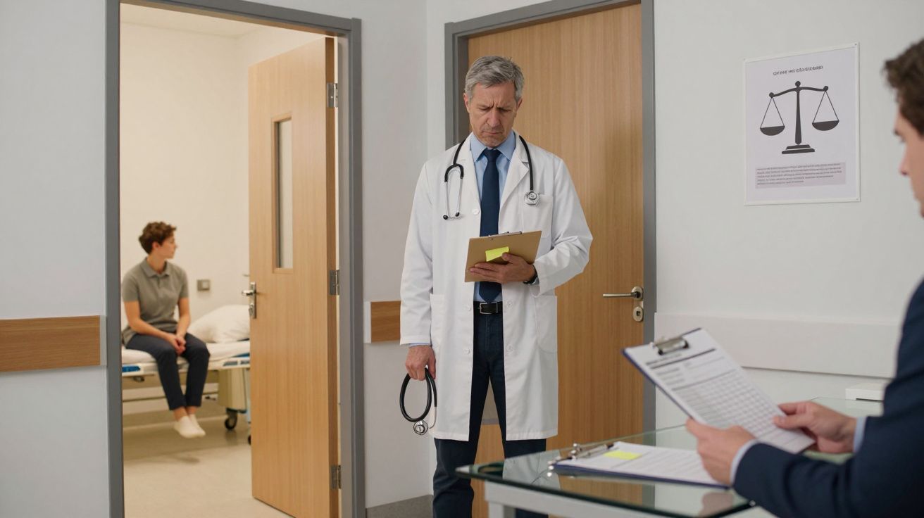 Médico de bata branca com estetoscópio revisa anotações num corredor de hospital com paciente sentado ao fundo.