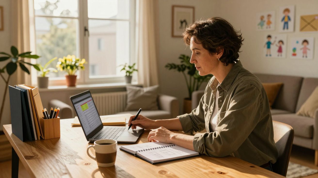 Pessoa a trabalhar num computador portátil numa mesa com caneca, cadernos e ambiente doméstico iluminado pela luz natural.