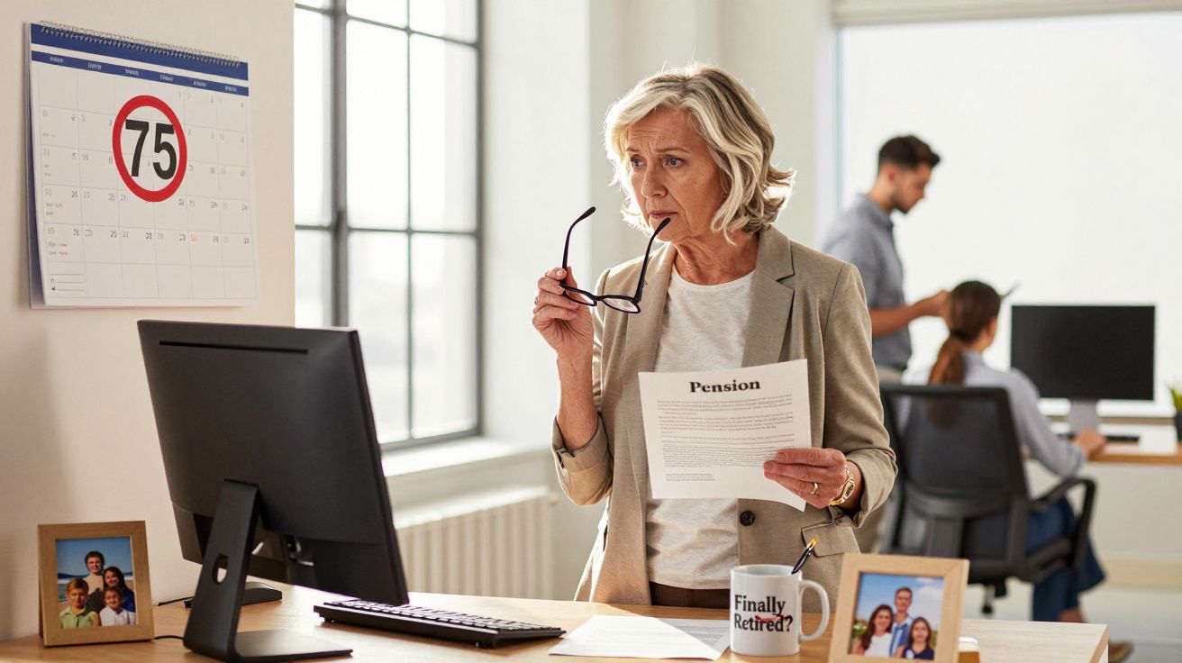 Mulher de idade média preocupada a ler documento sobre pensão num escritório com calendário assinalado a 75 anos.