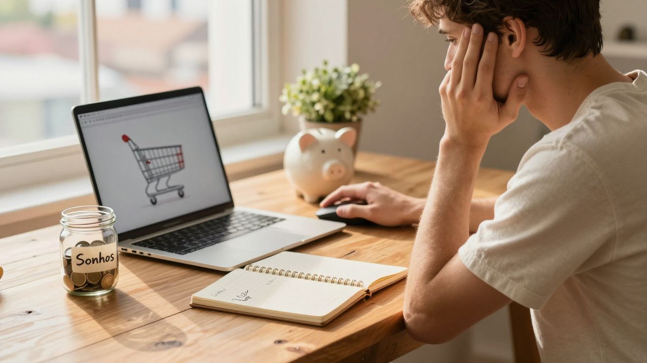 Pessoa jovem a olhar para o computador com imagem de carrinho de compras, jarro de moedas e mealheiro em mesa.