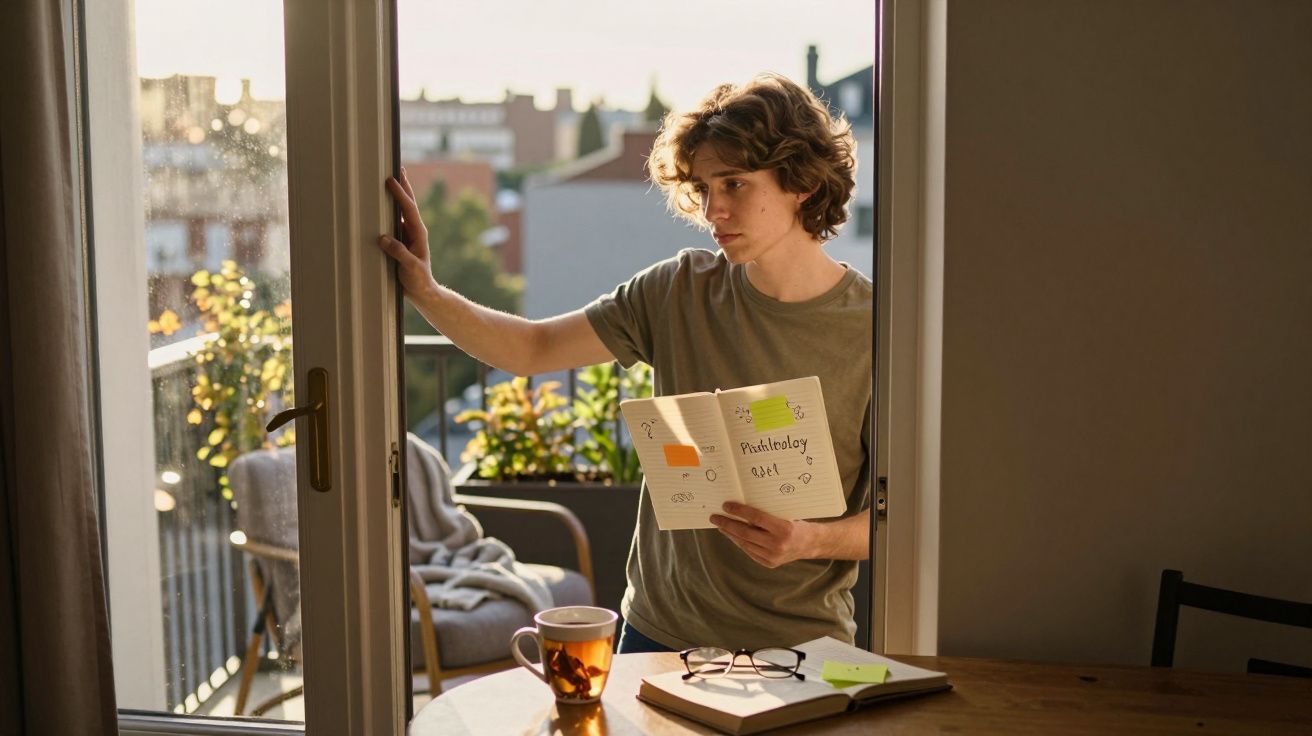 Jovem lê um caderno com anotações num balcão junto a uma porta aberta para uma varanda iluminada.
