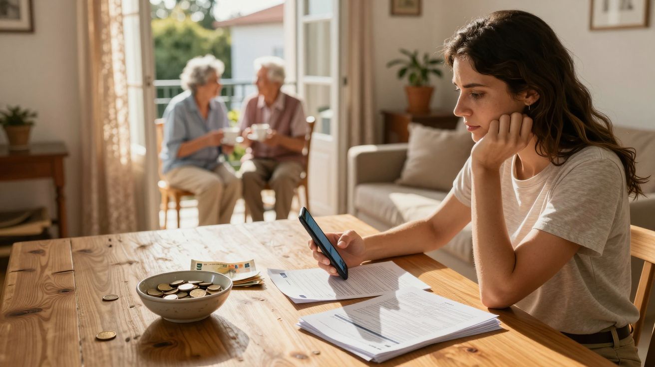 Mulher jovem preocupada a olhar para o telemóvel com documentos e moedas na mesa, casal idoso ao fundo a conversar.