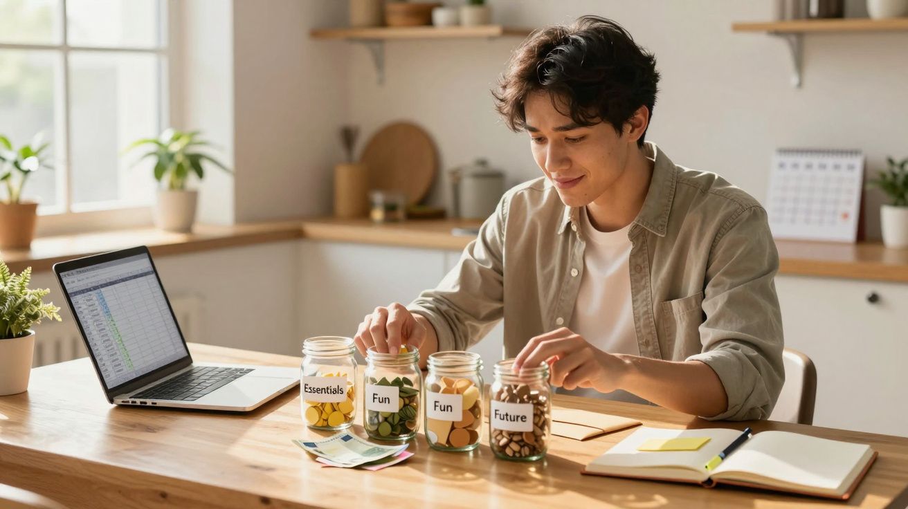 Jovem sentado a organizar dinheiro em frascos rotulados para poupança com portátil aberto numa mesa.