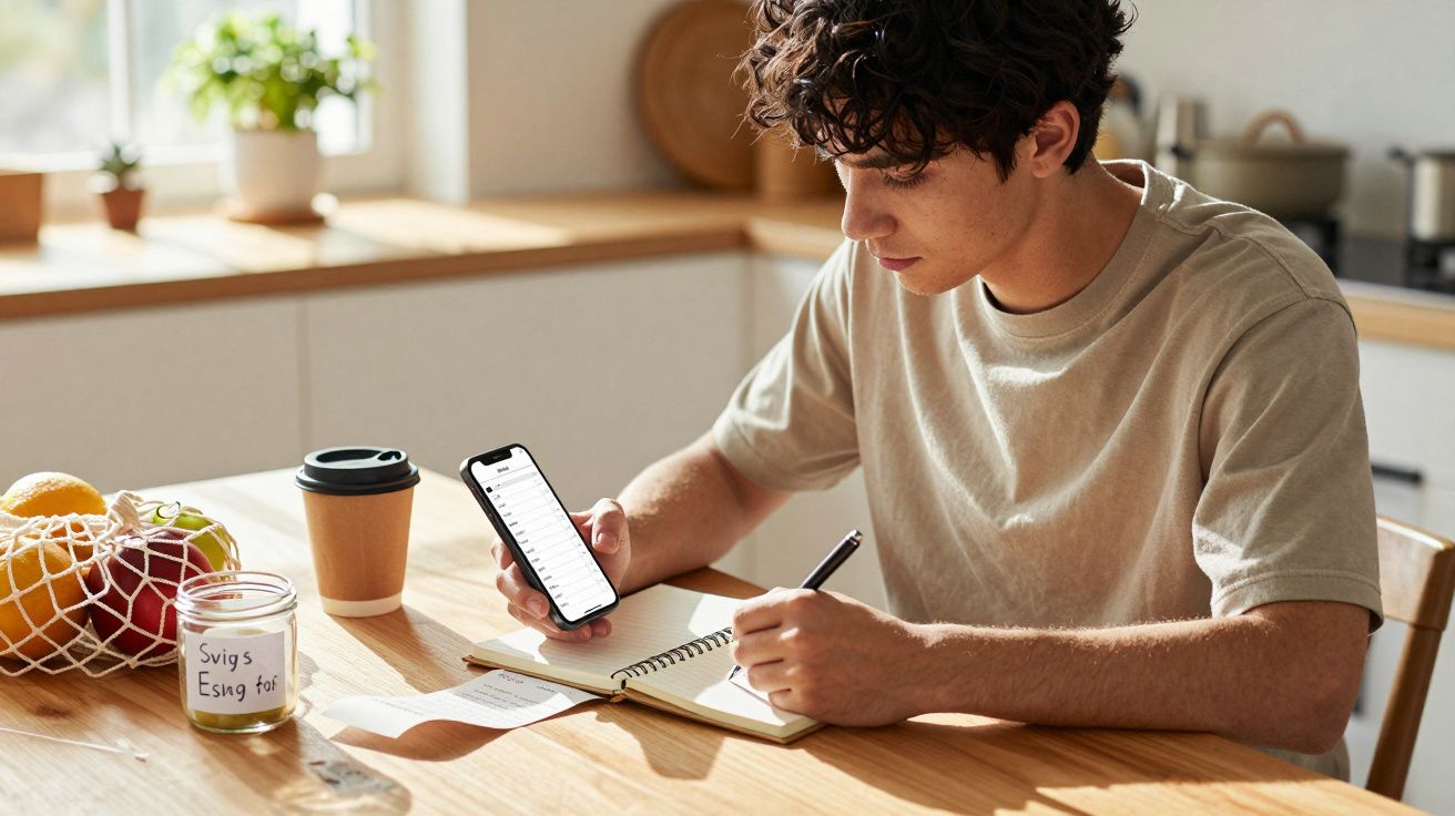 Jovem sentado à mesa, a consultar o telemóvel e a escrever num caderno.