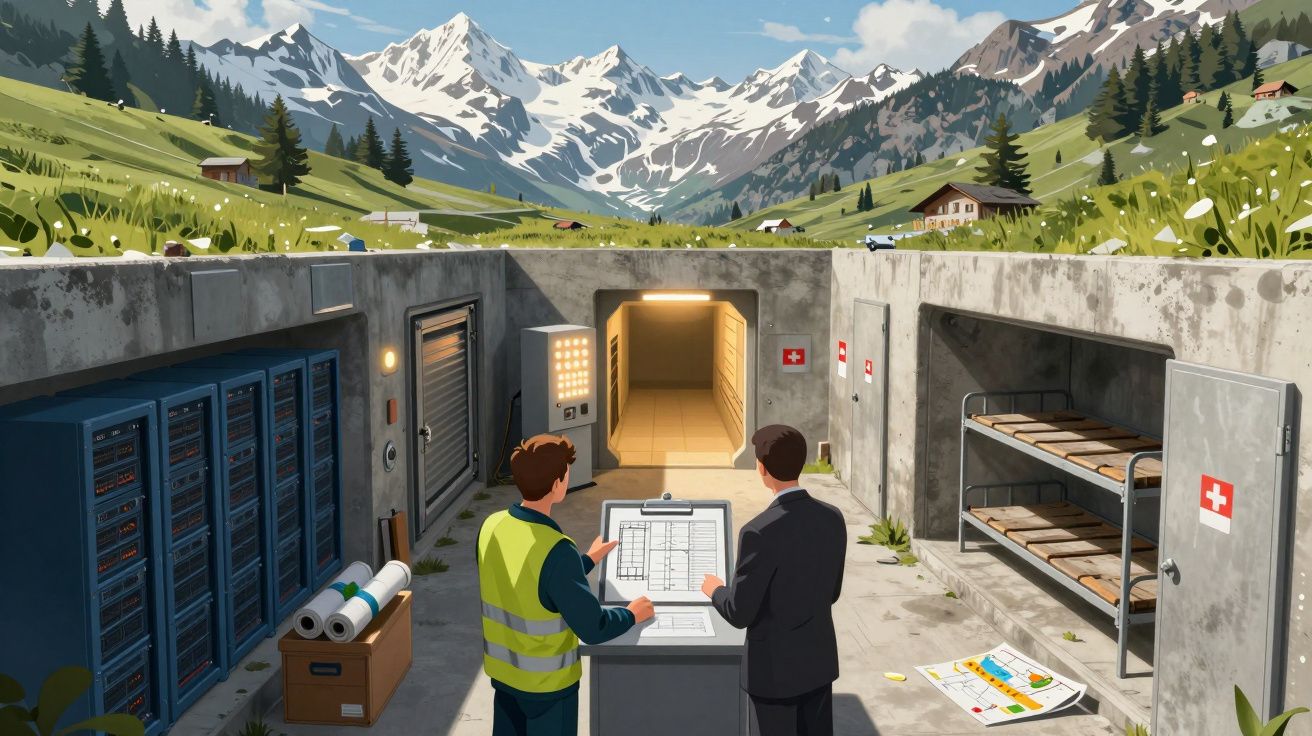 Dois homens analisam um plano dentro de um abrigo subterrâneo perto de montanhas cobertas de neve.