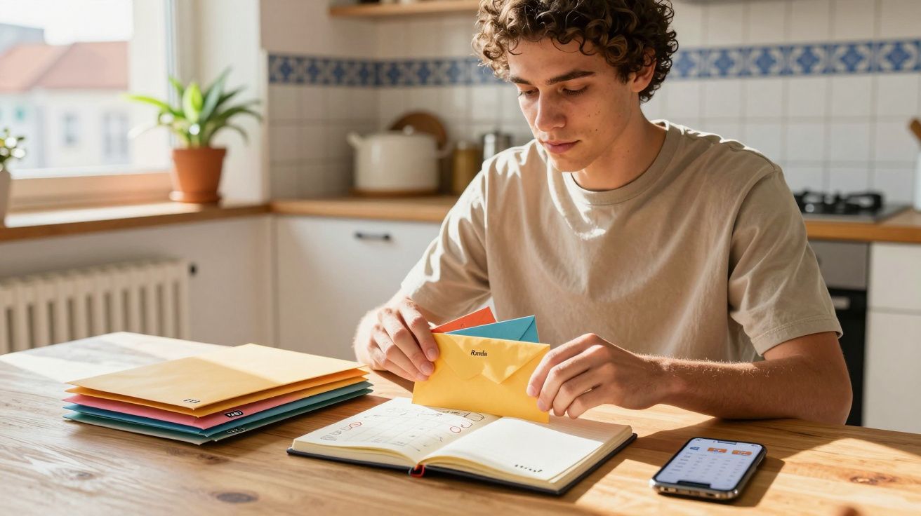 Jovem sentado à mesa a organizar envelopes coloridos e anotações numa agenda com telemóvel ao lado.