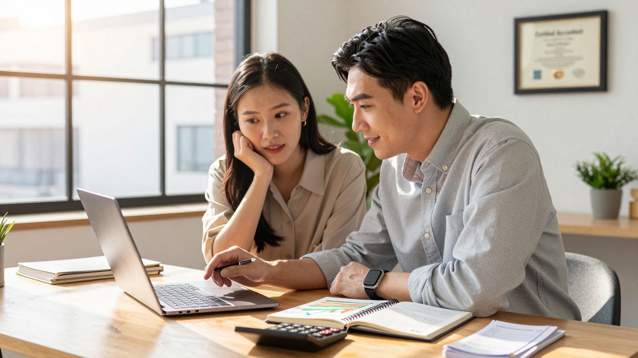 Duas pessoas a trabalhar juntas num escritório, focadas num portátil e documentos na mesa.