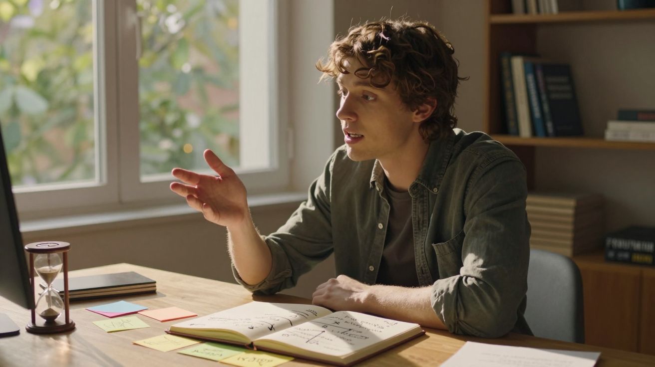 Jovem a explicar ideias sentado numa secretária com caderno aberto e notas adesivas junto a uma janela.