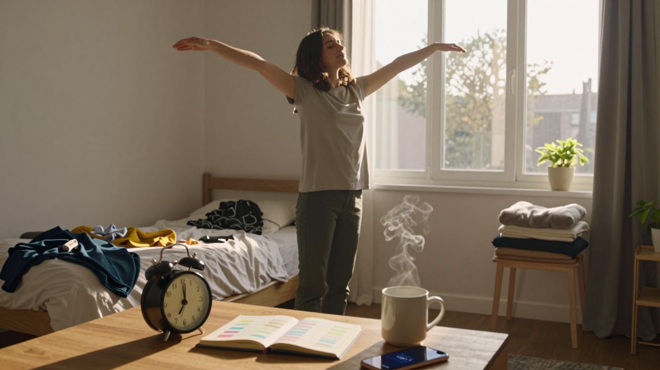 Mulher estica os braços ao acordar em quarto ensolarado, com relógio, livro e chá na mesa.