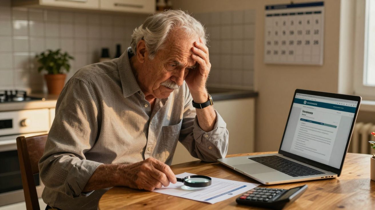 Homem idoso preocupado a ler documentos com lupa numa mesa, ao lado de computador portátil e calculadora.
