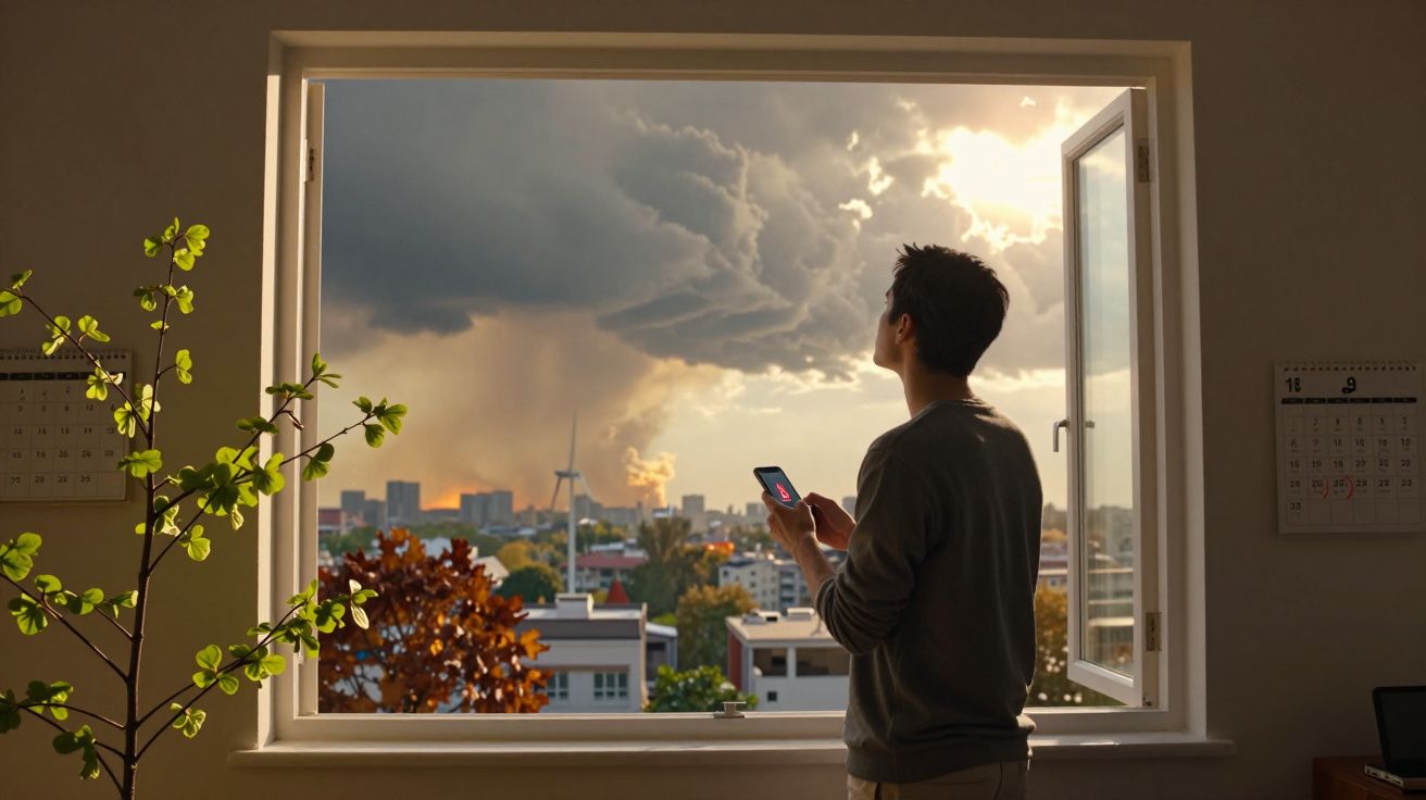 Pessoa de costas olhando para nuvens de tempestade visíveis pela janela aberta de uma sala com calendário na parede.
