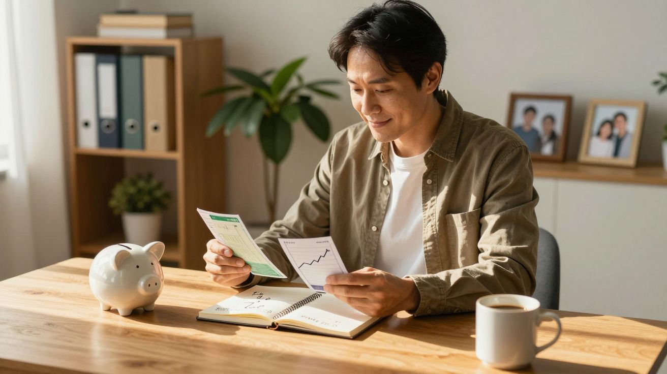 Homem a analisar gráficos e planeamento financeiro numa mesa com mealheiro e chávena de café.
