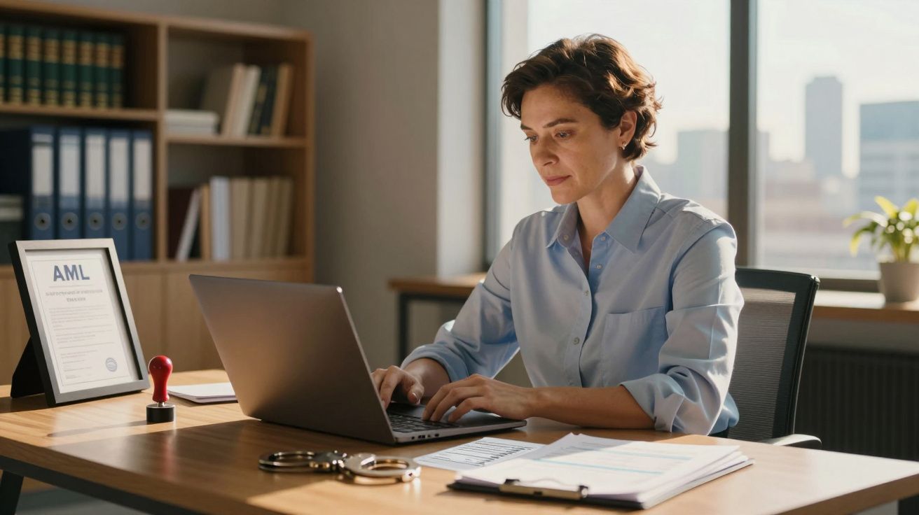 Mulher a trabalhar num portátil num escritório com documentos, carimbo e algemas na secretária.