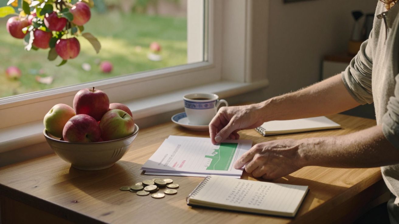 Pessoa a analisar documentos financeiros numa mesa de madeira com maçãs, moedas, caderno e chá ao lado da janela.