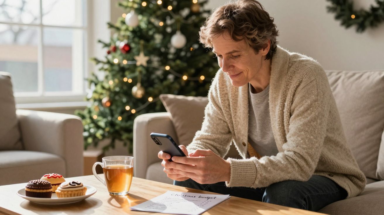 Homem sorridente sentado no sofá, a usar telemóvel, com mesa de café, docinhos e árvore de Natal ao fundo.