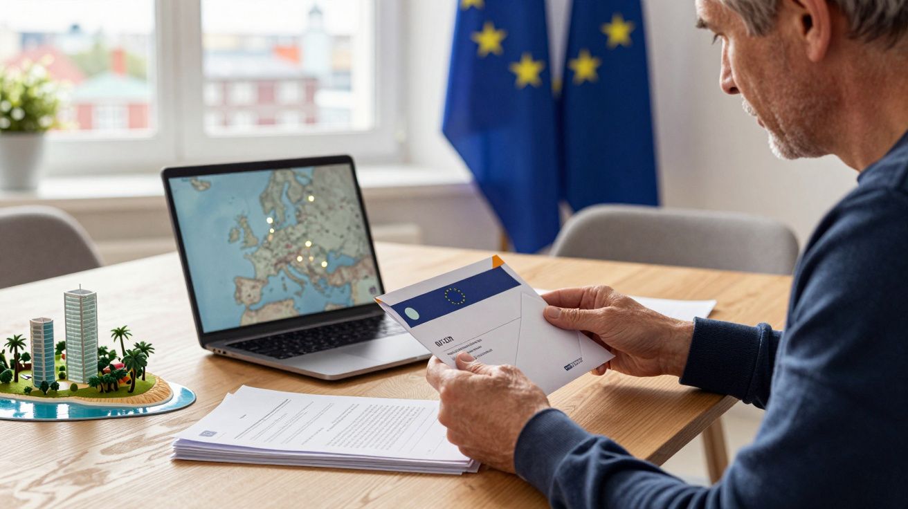 Homem a analisar documentos da União Europeia à mesa com portátil e bandeiras da UE ao fundo.