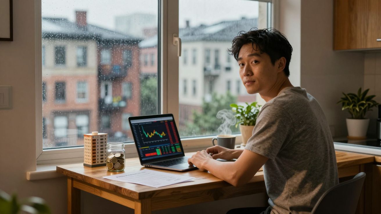 Homem sentado a trabalhar num portátil com gráficos financeiros, junto a uma janela com chuva.