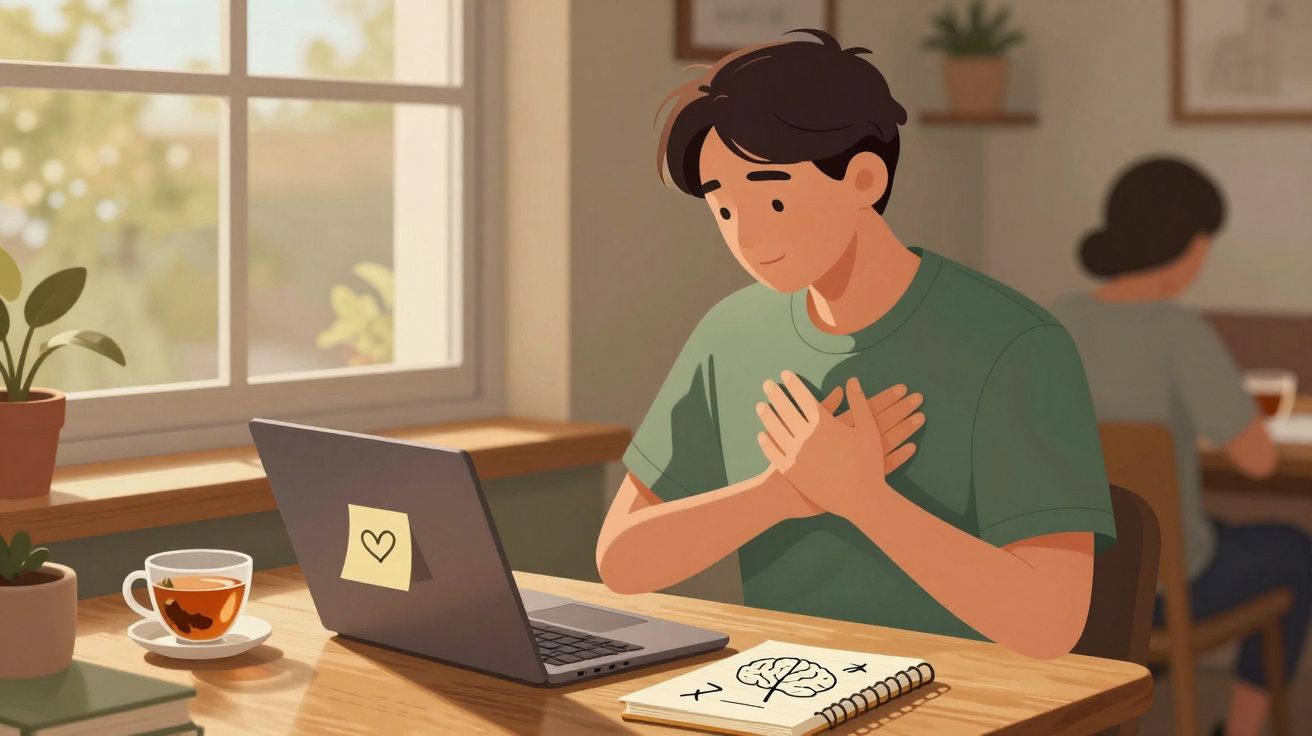 Jovem sentado numa mesa com portátil e chá, mãos no peito, num ambiente tranquilo junto a uma janela.