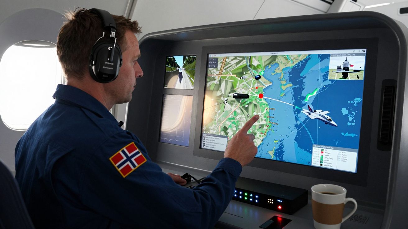 Homem com fones de ouvido a apontar para ecrã digital com mapa e avião num ambiente de cabine de voo.