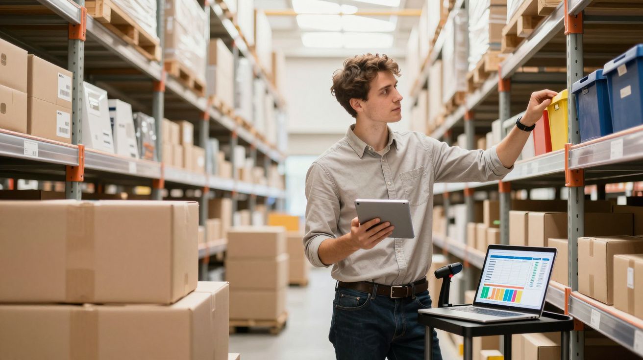 Homem a controlar inventário num armazém com tablet, computador e caixas empilhadas nas prateleiras.