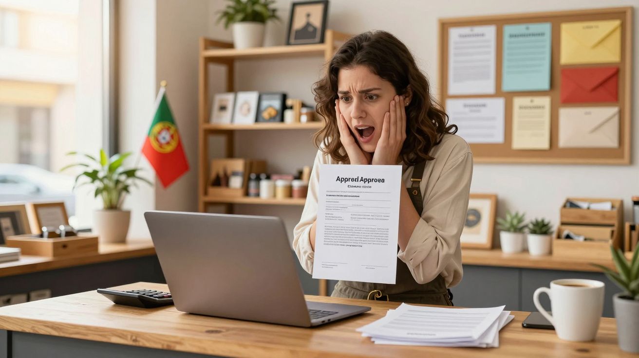 Mulher surpresa e preocupada ao ver documento de aprovação na mão enquanto está em frente ao portátil no escritório.