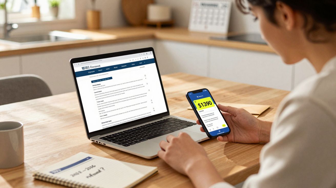 Pessoa sentada a consultar informações fiscais num portátil e a verificar números num smartphone numa mesa de madeira.