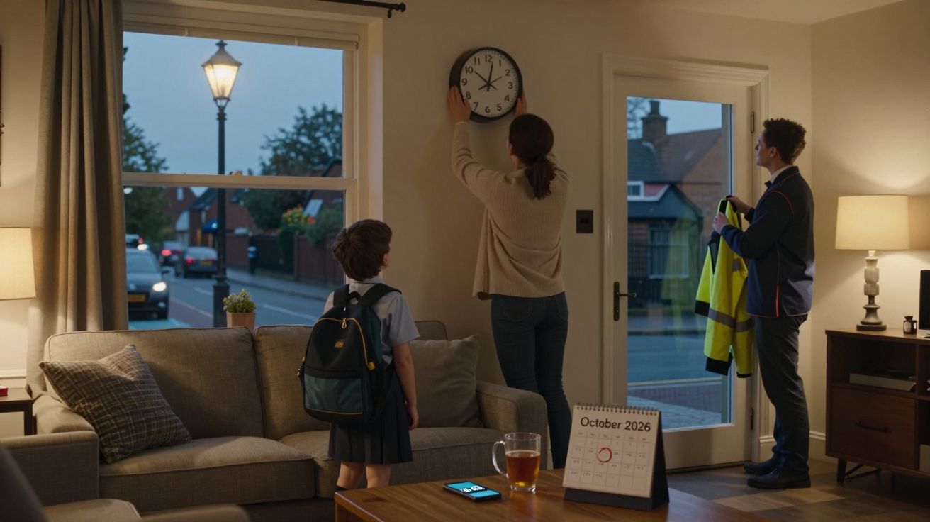 Mulher ajusta relógio na sala enquanto criança com mochila e homem com colete aguardam junto à porta ao anoitecer.