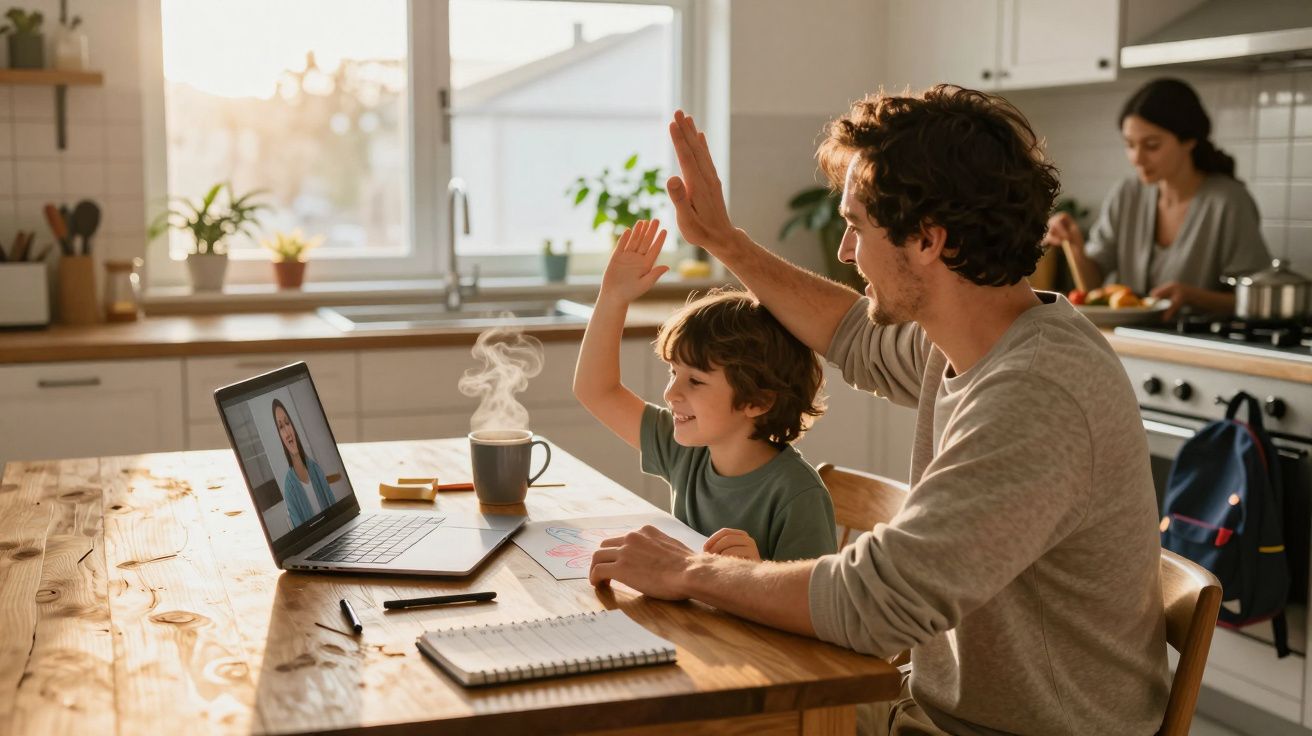 Pai e filho a dar um high five durante uma videochamada enquanto mulher prepara comida na cozinha.